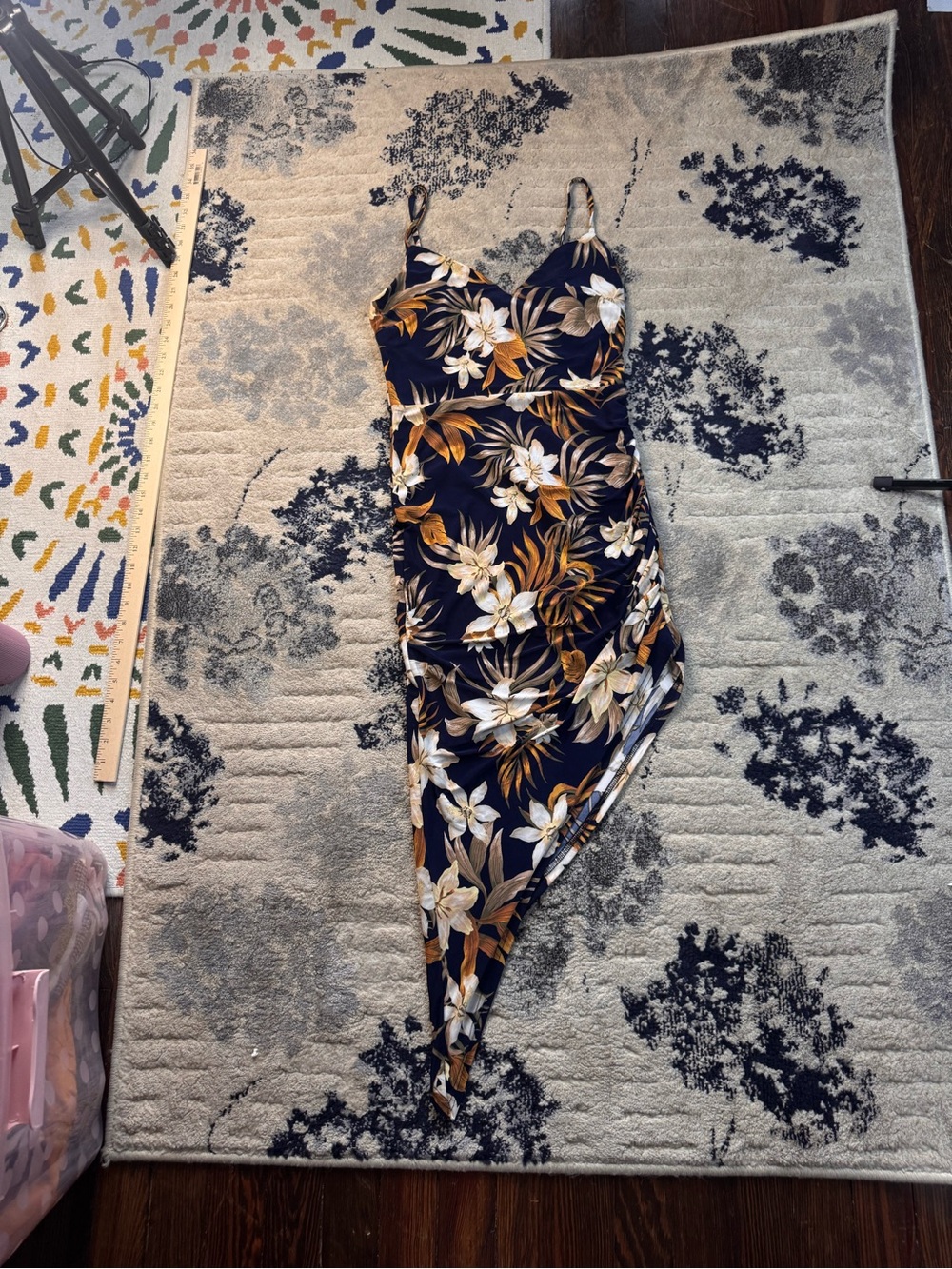 Windsor Navy Floral Spaghetti Strap Dress with Mustard Accents